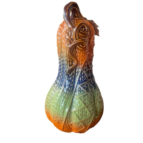 Ceramic Pumpkin Slender Embossed Vine Colorful Fall Decor Autumn Gourd 10" Tall - Picture 4 of 6
